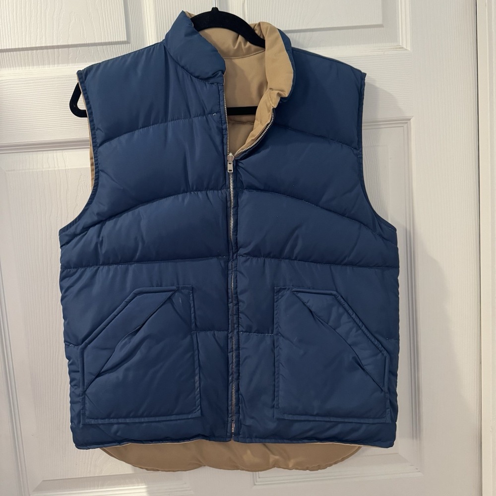 VTG 70s Down  Puffer Vest SZ M Water Fowl Jacket Outdoor Hiking Navy Blue & Tan